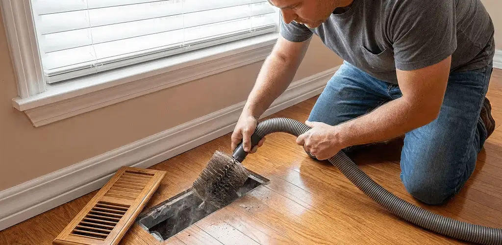 Air duct cleaning technician vacuuming a floor vent and duct opening in Green Bay, WI