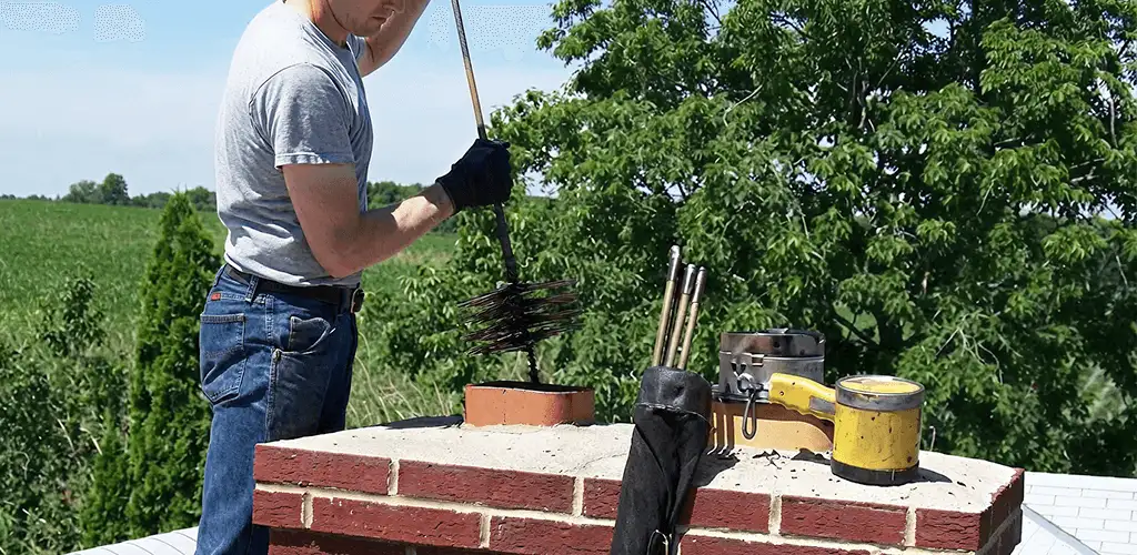 Chimney cleaning technician working on a rooftop chimney with professional tools in Green Bay, WI