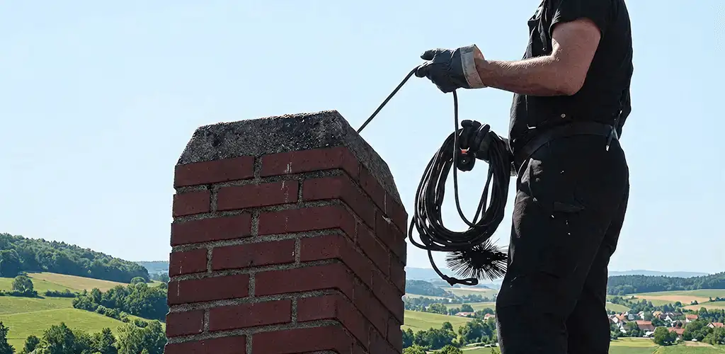 Chimney sweep inspecting and cleaning a rooftop chimney in Green Bay, WI