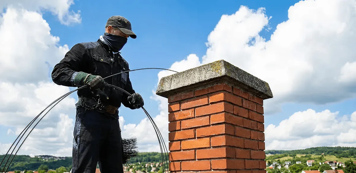 Chimney sweep cleaning a brick chimney with professional tools in Green Bay, WI
