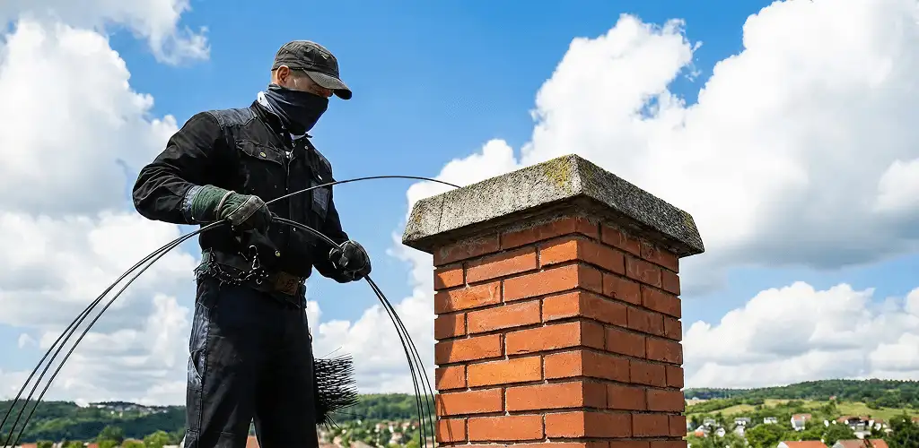 Chimney sweep cleaning a brick chimney with professional tools in Green Bay, WI