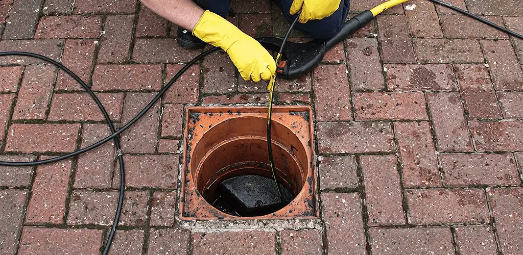 Drain cleaning technician using a drain snake to clear a clogged drain in Green Bay, WI