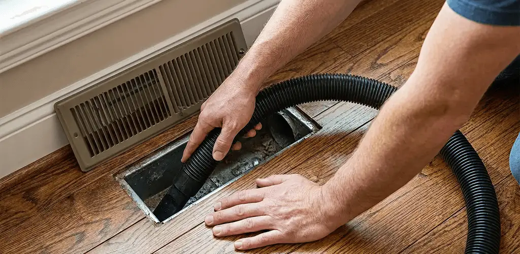 Air duct cleaning technician vacuuming a floor register and duct opening in Green Bay, WI