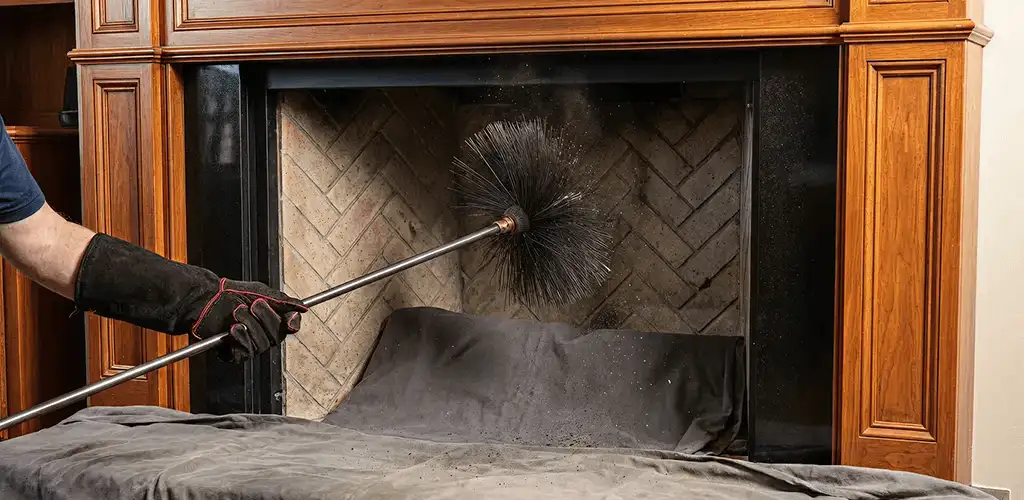 Chimney cleaning service brushing soot from a fireplace and flue in Green Bay, WI