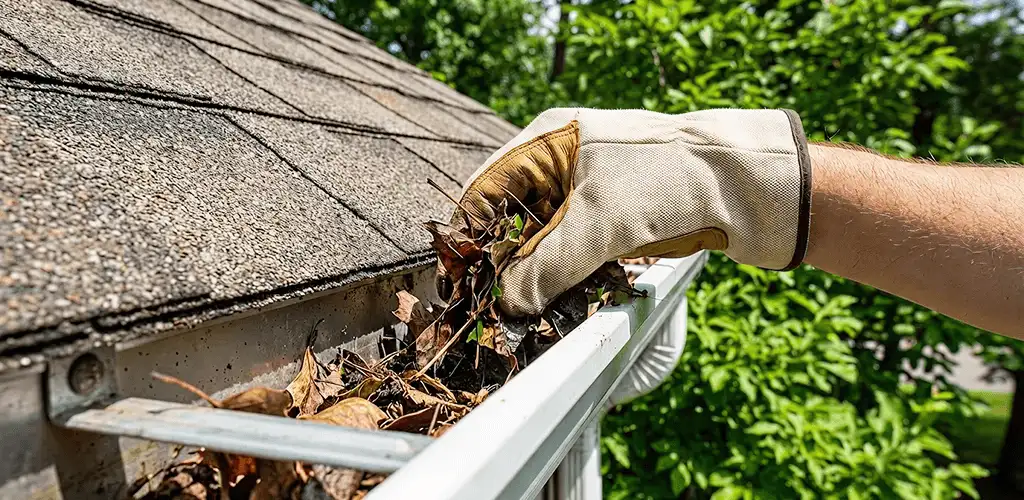 Gutter cleaning removing leaves and debris from roof gutters in Green Bay, WI