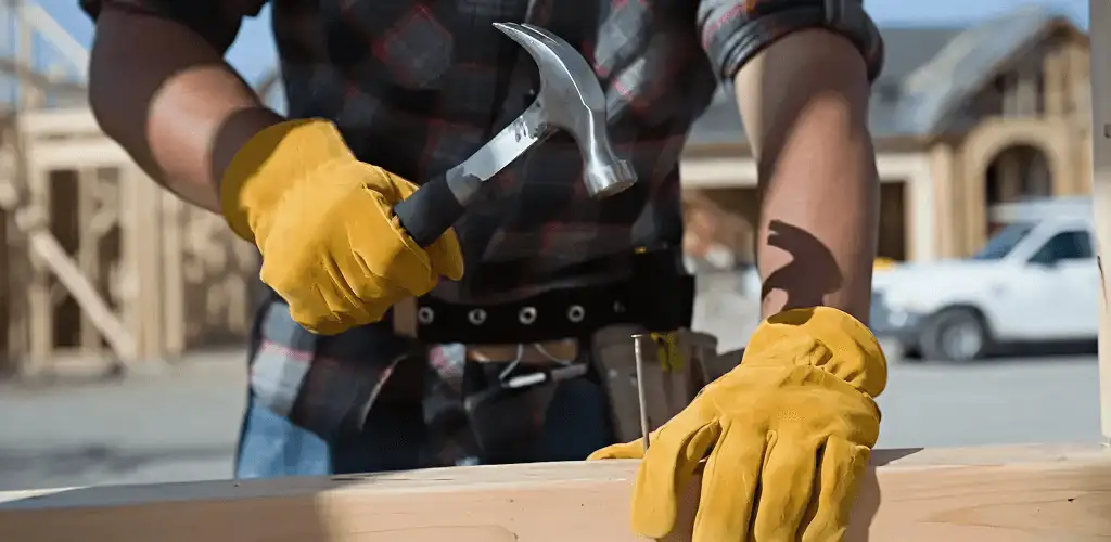 Handyman fixing wood trim with a hammer for home repairs in Green Bay, WI