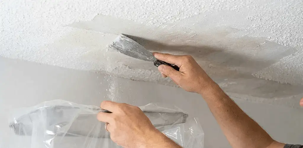Popcorn ceiling removal technician scraping texture from a ceiling in Green Bay, WI