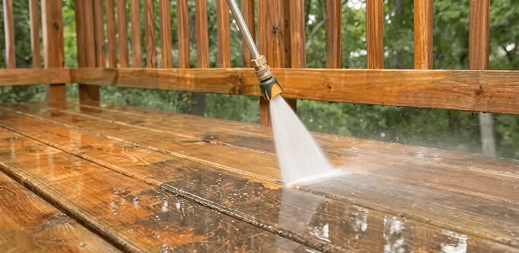 Pressure washing a wood deck to remove dirt and buildup in Green Bay, WI