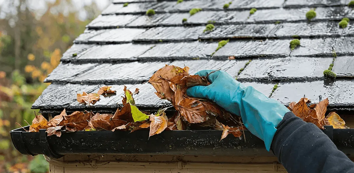 Gutter cleaning technician clearing wet leaves from roof gutters in Green Bay, WI