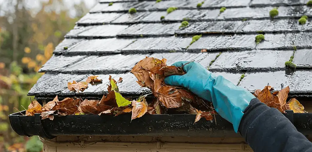 Gutter cleaning technician clearing wet leaves from roof gutters in Green Bay, WI