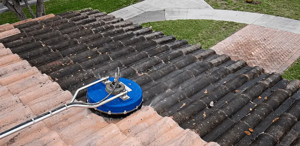 Roof pressure cleaning removing debris and buildup from roof tiles in Green Bay, WI