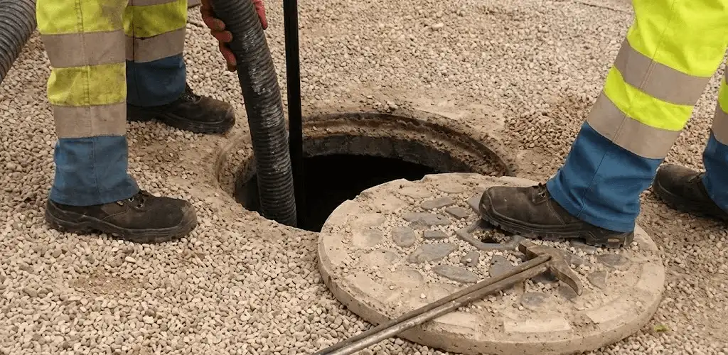 Drain cleaning crew clearing a sewer access point with professional equipment in Green Bay, WI