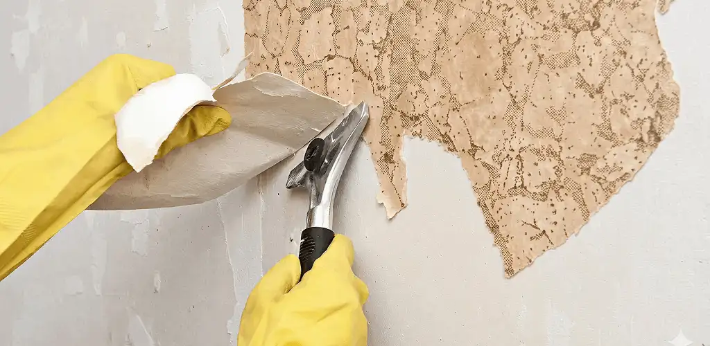 Wallpaper removal service stripping old wallpaper from a wall in Green Bay, WI